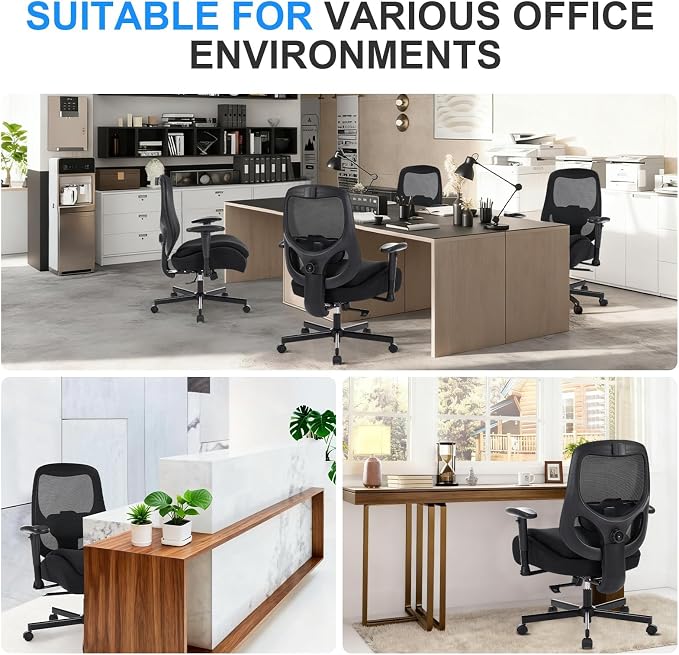 Office Chair with Ergonomic Lumbar Support and Mesh Back for Home Office, Desk Chair with Wide Seat and Adjustable Arms for Computer Desk, Computer Chair with Rocking Backrest and Wheels for Work