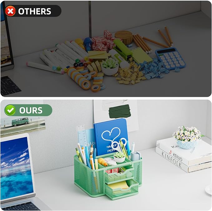 Marbrasse Mesh Desk Organizer, Pen Organizer with 2 Drawer, Multi-Functional Pencil Holder, Desk Organizers and Accessories with 5 Compartments + Drawer for Office Art Supplies (Green)