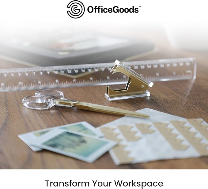 3-Piece Acrylic Desk Set, Clear with Gold Metal | Ruler, scissors, and staple remover set, Functional and elegant desk accessories, Stationery tools for office, and school