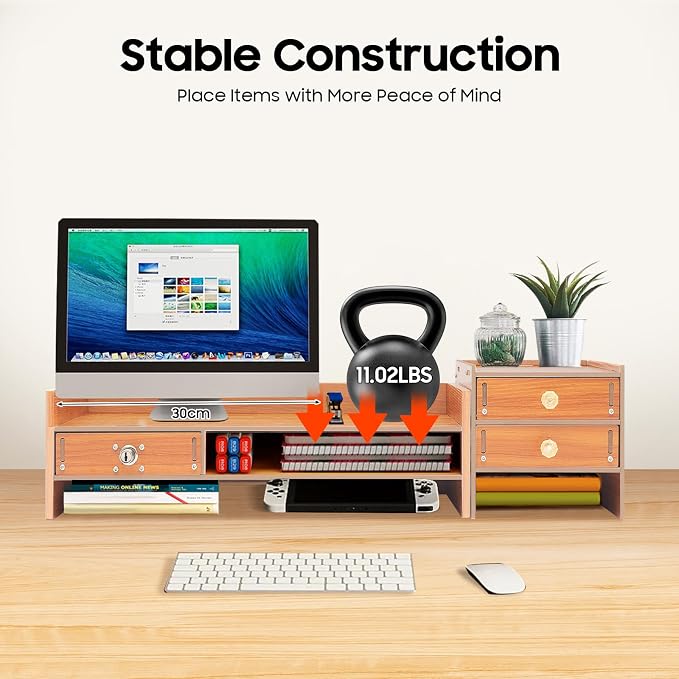 Computer Monitor Stand, Wooden Monitor Riser with Lockable Drawer and Storage, Multi Wooden Desktop Storage Stand for Laptop Printer Screen and Office Supplies Organizer, 25.2" x 7.87" x 5.33" (3 Drawer)