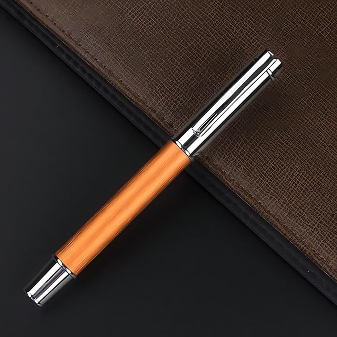 Brushed Metal Golden Rollerball Pen - 0.5mm Fine Point Executive Writing Pen for Men & Women, Professional Signature Pen for Business Office & Journaling with Metal Box