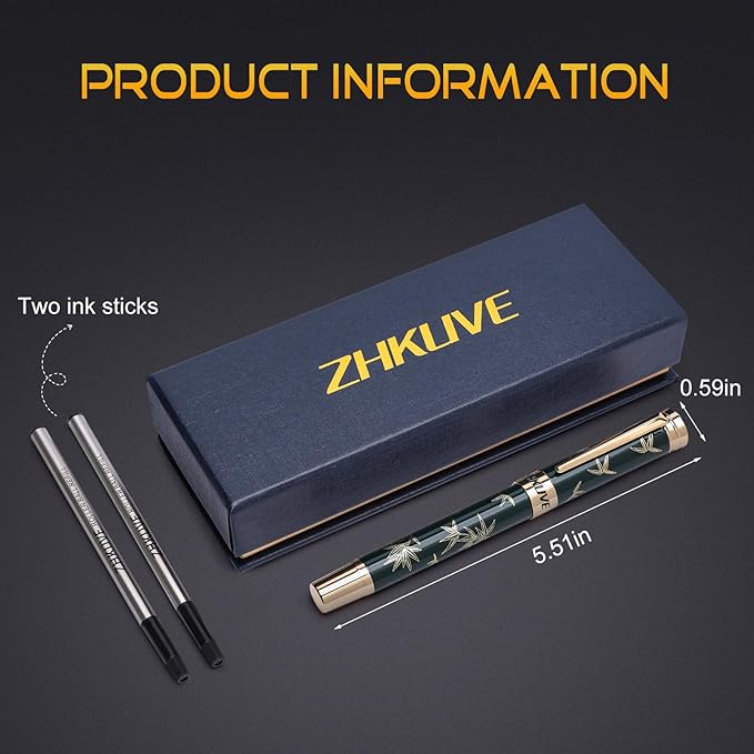 ZHKUVE Luxury Rollerball Pen,Stunning Green Lacquer with bamboo leaf patterns,Switzerland Tip with Black Ink Refills, Elegant Gift Set For Men & Women, Executive Writing, Nice Fancy