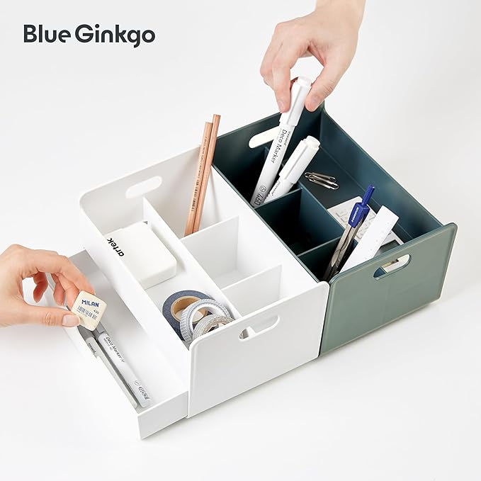 BLUE GINKGO Portable Desk Organizer, Green, Made in Korea | 3 Compartments. Half Drawer. Everyday Storage.