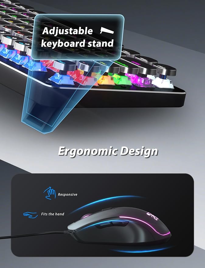 Typewriter Mechanical Gaming Keyboard and Mouse, Metal Panel Retro Keyboards with Round Keycap Blue Switch, Rainbow LED Backlit 104-Key Anti-Ghost Wired Mouse and Pad Combo for PC Laptop Mac Gamer