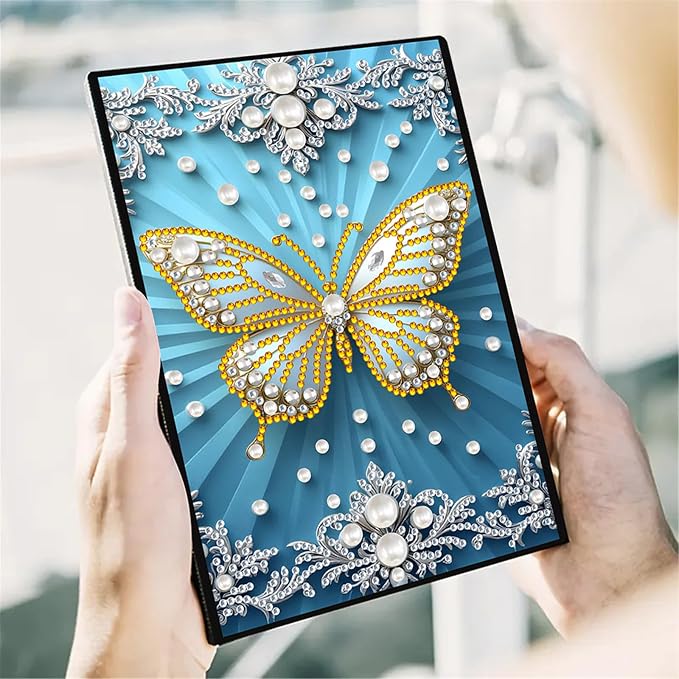 FRANDEK Diamond Art Painting Notebook Kit, White Butterfly A5 DIY Journal with 50 Blank Pages, Crystal Rhinestone Cover with Waterproof Canvas, Beginner Craft Set with Full Tools for Adults