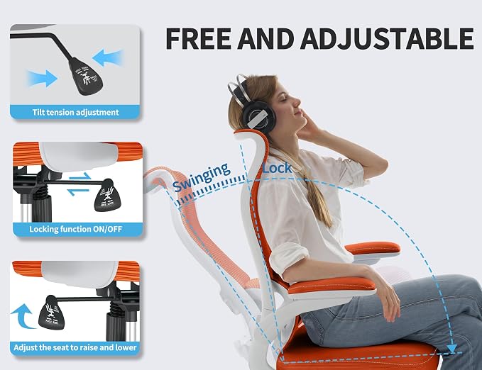 TRALT Ergonomic Office Chair- Desk Chair with Adjustable Lumbar Support | Big and Tall Back Ergonomic Desk Chair - Home Office Mesh Chairs and PU Leather Seat for Home Reading to Adults(Orange)