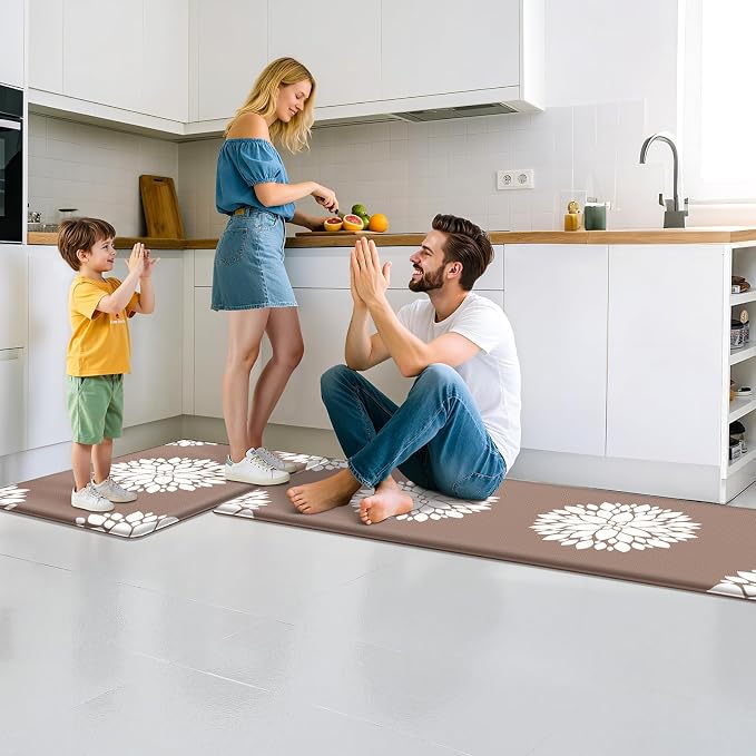 2PCS Kitchen Mats for Floor, Anti Fatigue Non-slip Larger Khaki Rug | Soft Kitchen Rugs for Home, Cushioned Standing Desk Mat, Comfort Mat for Office, Sink, Laundry, 17.3" x 59" + 17.3" x 30"