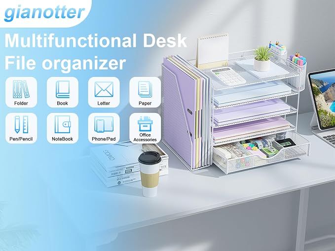 gianotter 5-Tier Desk Organizer with Drawers and File Holders | Letter Trays and Pen Holders - Workspace Accessories for Office Supplies (White)
