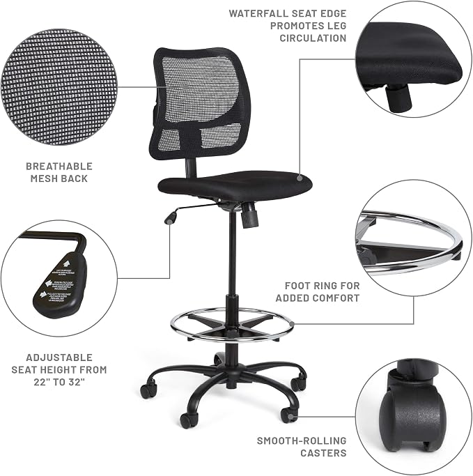 Safco Vue Office Chair, Heavy Duty Stool, 250 lbs Capacity, Ergonomic Mesh Back, 360 Swivel Seat, 5-Star Base, Black