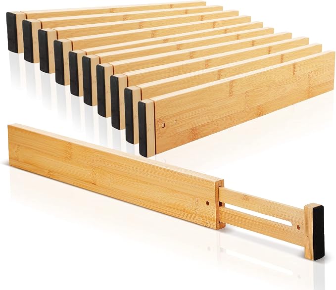 Sawysine 12 Pcs Bamboo Drawer Dividers Adjustable Drawer Organizers Spring Separators Organization Expandable Organizers for Kitchen Bedroom Bathroom Dresser Office (Natural Color,22 x 2.4 Inche)
