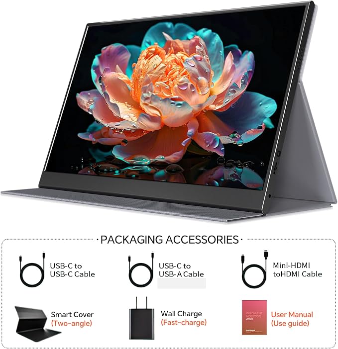 WGK 15.6 inch Portable Monitor 4K UHD 100%sRGB Travel Display HDMI/USB-C Compatible with Laptops, Desktops, Phones, PS, Mac, Xbox, Switch, and Other Gaming Devices Kickstand & Speakers VESA Mountable