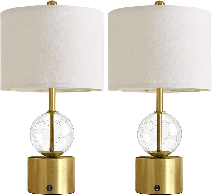 Oneach 20.5" Small Bedside Table Lamps for Bedroom Nightstands, Gold Glass Modern Table Lamps Set of 2 with USB A+C Charging Port, Night Light, Luxury Lamps for Living Room End Table(Bulbs Included)