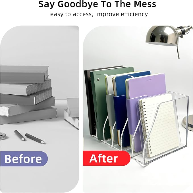 Clear Acrylic Magazine File Holder, 6 Compartment Desk Organizer | 6 spacious vertical compartments hold magazines, files, books & more. 5mm thick clear acrylic, non-slip base. No assembly.