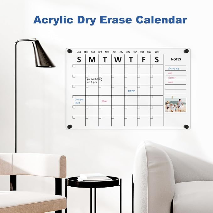 Large Acrylic Calendar for Wall, 24" X 16" (Black) | Acrylic Wall Calendar, Clear Wet & Dry Erase Calendar Hanging Frameless Monthly Planner for Office, Home or School, 2 Markers