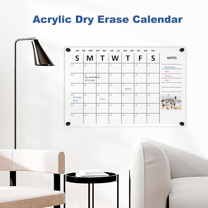 Large Acrylic Calendar for Wall, 24" X 16" Black Clear Acrylic Wall Calendar, Clear Wet & Dry Erase Calendar Hanging Frameless Monthly Planner for Office, Home or School, 2 Markers