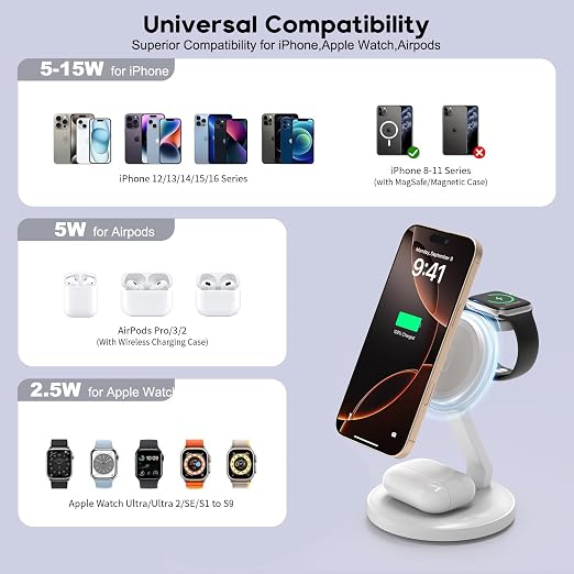 3 in 1 Foldable Magnetic Wireless Charging Station,iPhone Mag-Safe Charger,15W Fast MagSafe Charger Stand for Apple iPhone16Pro Max/16 Pro/15 ProMax/14/13/12,Apple Watch Ultra/2/SE to S9,AirPods Pro 3