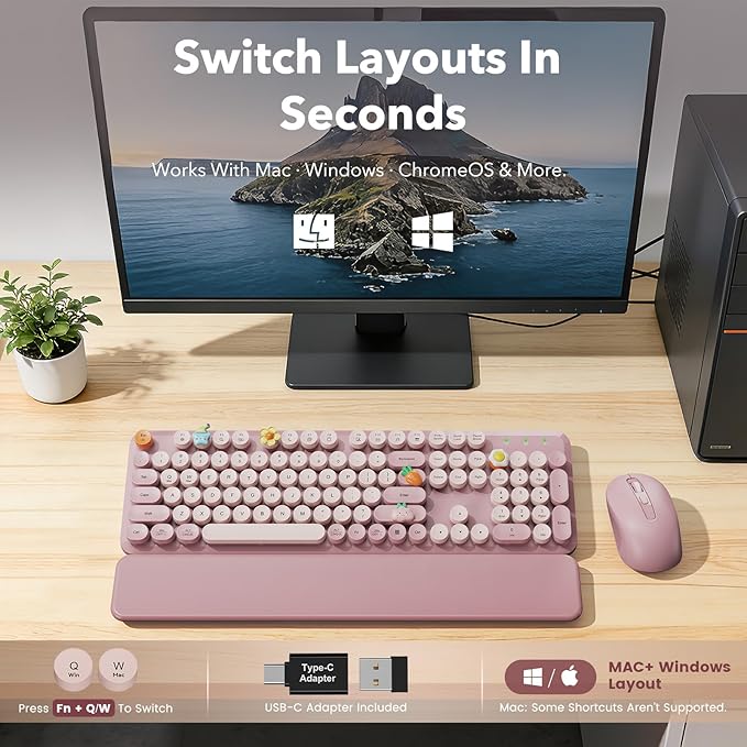 Wireless Keyboard and Mouse Combo, Round Keycaps, Full-Size Typewriter-Style Keyboard with Detachable Wrist Rest, Tilt Legs & 3-Level DPI Mouse, 2.4GHz Cordless for Windows PC/Laptop (Dusty Rose)