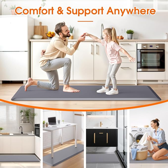 TranquilRelax Kitchen Mat, Cushioned Thick Floor Comfort Mat, with Non-Slip Bottom, Waterproof & Stain Resistant & Easy Clean, Standing Desk Mat for Kitchen, Sink, Office (17.3''x60'', Grey)