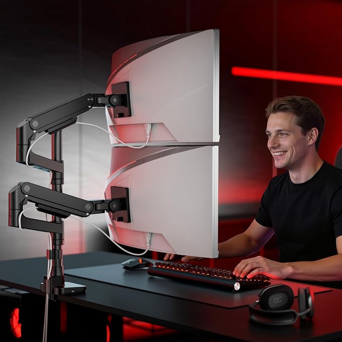 ARES WING Tall Dual Ultrawide Monitor Mount with USB A/C for 17 to 49 Inch | Pro Gas Spring, Aluminum Material, Flexible Screen Layouts, for 75/100 Vesa Mount, Hold 44 Lbs Each Arm, for Samsung Monitor