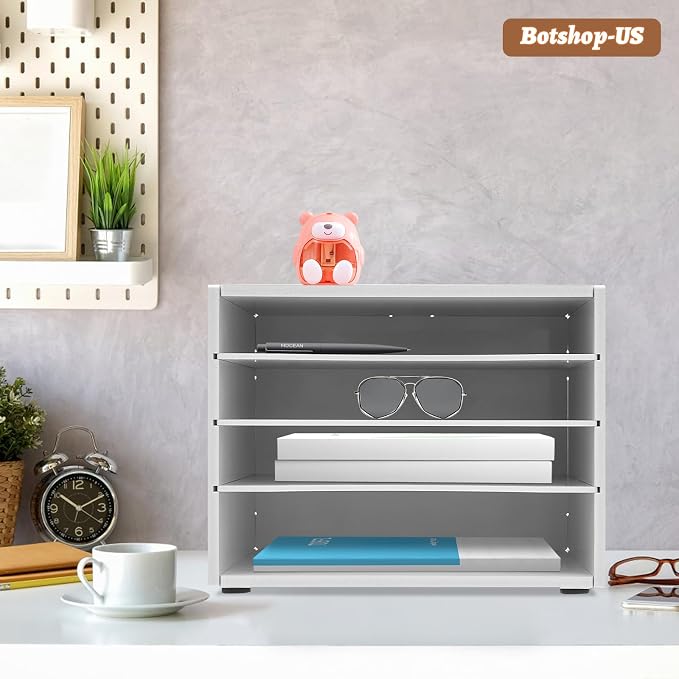 Gdrasuya10 Office Desk Organizer Shelf 2Pcs File Holder Mail Sorter Paper Organizer for Desk 4 Compartments Letter Tray Home & Office Mailbox School Desktop Adjustable Shelves, White