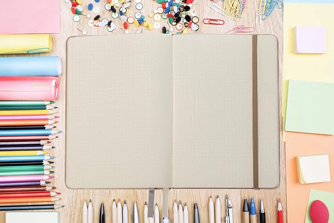 Guissi Classic Dotted Grid Bullet Notebook Journal Dot Hard Cover A5 Premium 80gsm Thick Acid-Free Paper with Fine Inner Pocket Faux Leather Office School Supplies 144 Pages Designed in Florence