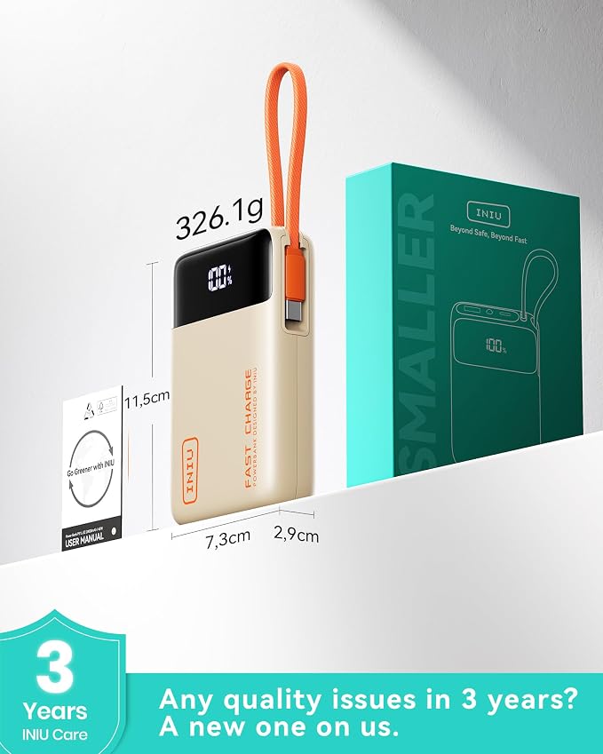 INIU 20000mAh Power Bank, Small 45W PD Fast Charging Portable Charger with Built-in USB C Cable, Flight-Safe Travel External Phone Battery Pack for Women, Girls, Daily Commute, Gift, Beige