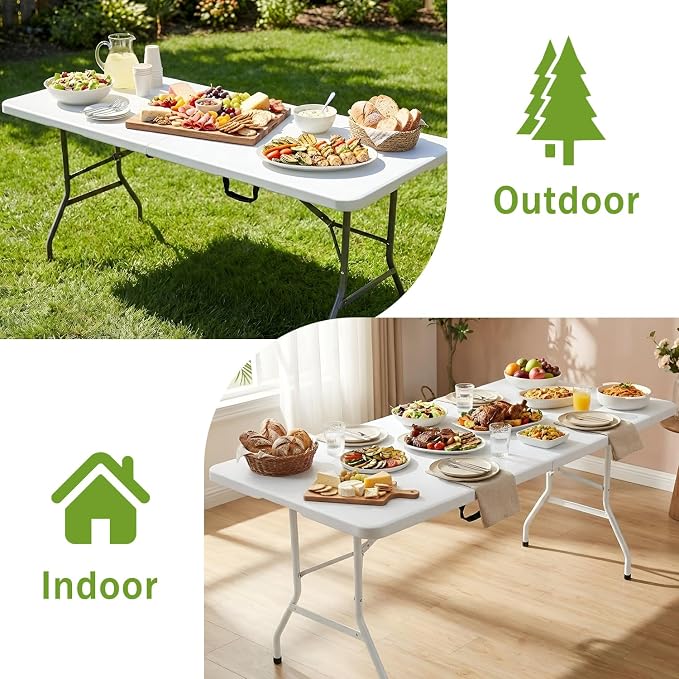 FDW 6FT Plastic Folding Table, Portable with Carrying Handle Perfect for Indoor, Outdoor, Party, Dining, Wedding, Events, Camping, White