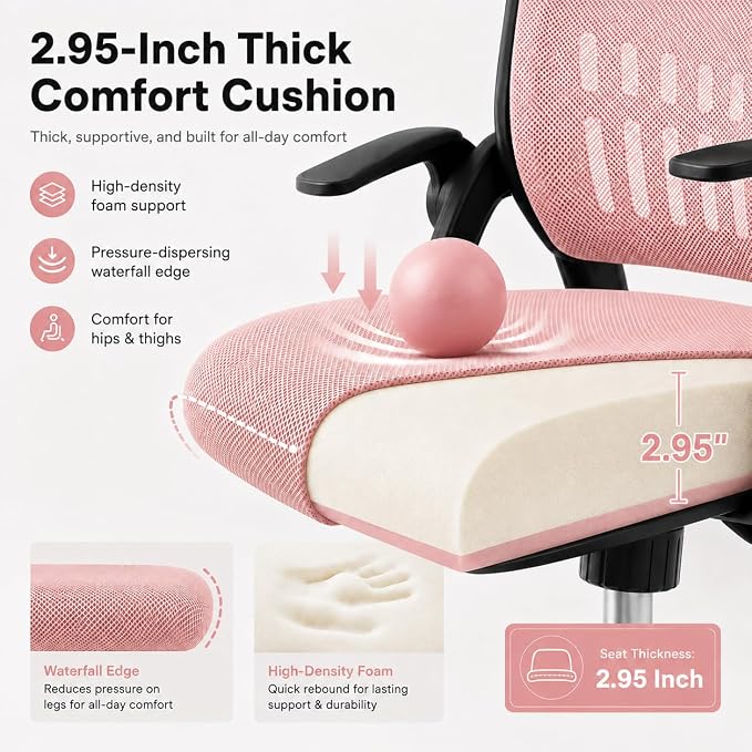 Ergonomic Office Chair, Home Office Desk Chair, Breathable Mesh Desk Chair with Adjustable Lumbar Support and Flip-up Armrests, Game Chairs, 360° Swivel Desk Chairs for Conference, Meeting Room(Pink)