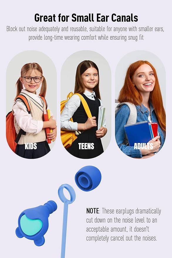 Kids Ear Plugs (6-12 yrs) - Reusable Noise Relief Earplugs for Focus, Travel, Concerts, Socializing, Sports Events, Noise Sensitivity - 8 Ear Tips in XS/S/M/L,BUGN