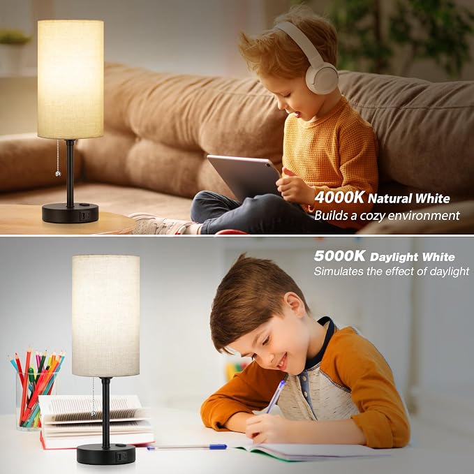 Dicoool 17Inch Tall Bedroom Lamps with USB C and A Ports 3 Color Temperatures - Pull Chain Beige Nightstand Bedside Table Lamp with AC Outlet, Side Lamp for Living Room End Table
