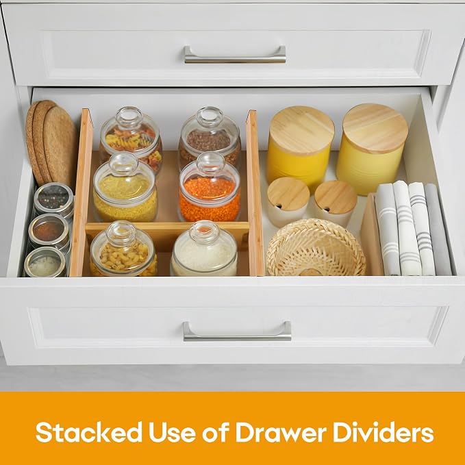 Bamboo Drawer Dividers Organizers, Kitchen Drawer Dividers for Clothes, Adjustable Drawer Separators for Dresser, Bedroom, Bathroom, Office, 4 Pack, 17“-22”