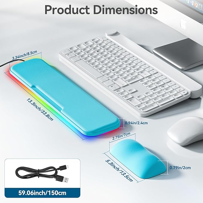 2-in-1 Heated Wrist Rest Set, Ergonomic Memory Wrist Pad with RGB Lights and Non-Slip Base, Keyboard Mouse Wrist Rest for Computer Laptop Office Work and PC Gaming