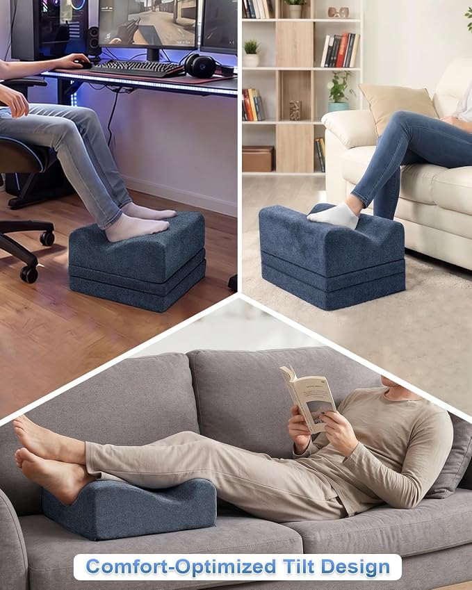 LOCKCURX Under Desk Foot Rest, 3-Level Adjustable Foot Stool (Blue) | 30D Resilient Foam, Ergonomic, Washable, Non Slip Base for Office, Gaming, Sofa & Car