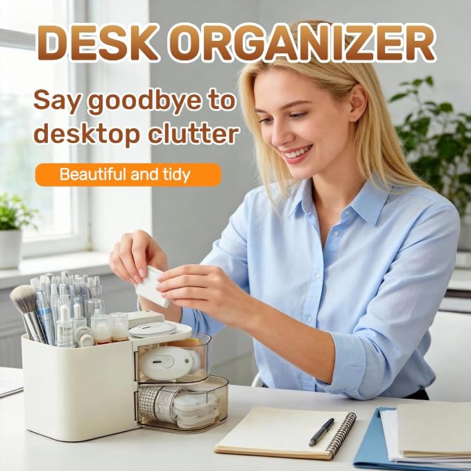 Desk Organizer with 3 Compartments and 2 Drawers, Multi-Functional Pencil Holder for Desk Organizers and Accessories for School, Home, Office Supplies, 6.89" x3.54" x 3.62''
