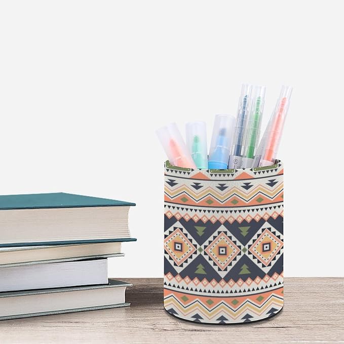 Tribal Western Aztec Pen Holder for Desk PU Pencil Cup Organizer | Round Desks Makeup Brush Holder for School Multifunctional Office Supplies