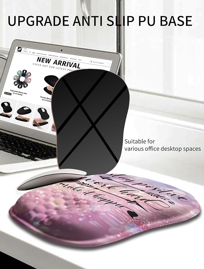 Hokafenle Ergonomic Wrist-hugging Mouse Pad Wrist Support, U-shaped Holding Wrist Rest Mousepad for Carpal Tunnel Pain Relief with Cushioned Memory Foam Slope Massage Bulge (10.2x8.3 in,Stay Positive)