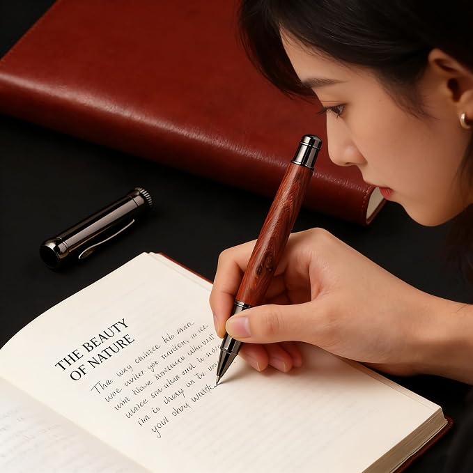 Luxury Rose Wood Rollerball Pen Set, 0.5mm Black Ink Handcrafted Rose Wood Signature Pen, Professional Executive Pens with Metal Box for Men Women