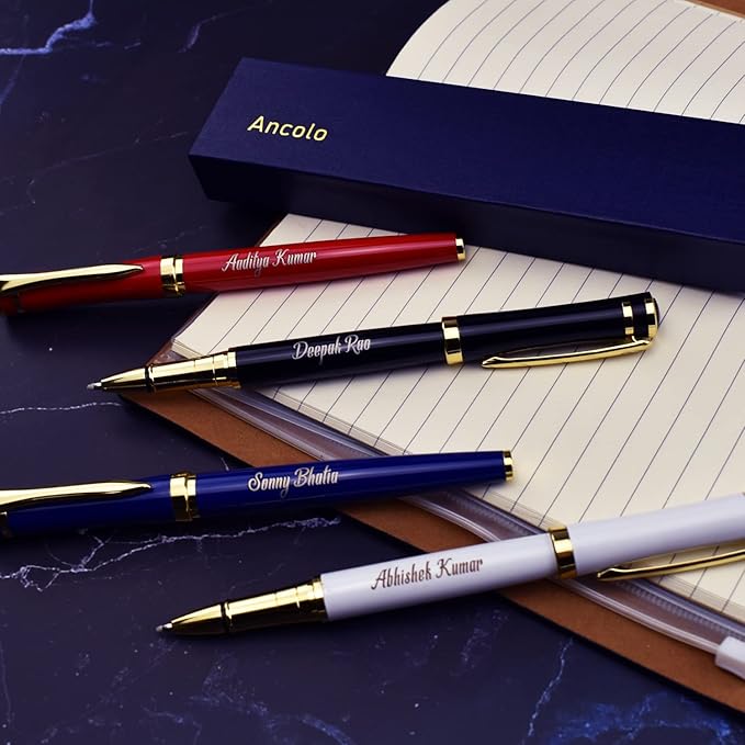 Ancolo Engraved Pens - Modern Roller Pens with 5 Free Personalized Lines, Ultra-Smooth Black Ink, Metal Body, Stylish Gift for Office Colleagues, Friends, Professor, Business