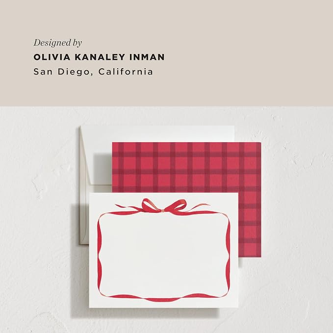 Minted Bow Stationery Cards, 10 Count, Blank Cards and Envelopes For Thank You Notes, Holiday Greeting, Invitations & Handwritten Messages, Note Cards & Stationery Set, Gifts for Women, Red Bow Theme