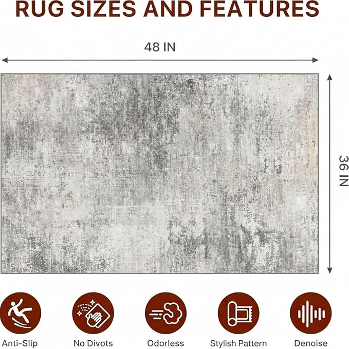 36"x60" Office Chair Mat for Hardwood Tile Floor, Under Desk Carpet Protector for Rolling Computer Chair Mat, Machine Washable Area Rug, Anti-Slip 1/5" Thick Low Pile Thin Vinyl Floor Mat, Mist Grey