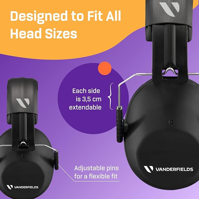 Vanderfields - Hearing Protection Ear Muffs - Over 33 dB (2K Hz) Broad Noise Cancelling Sound Reduction - Adults & Teens
