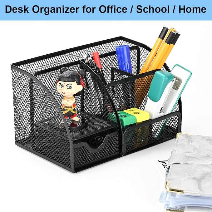 Desk Organizer Stationery Storage, Pencil Holder for Desk, Wire Mesh Office Supplies Journals Notebooks Organizers with 7 Compartments and Mini Drawer (Black)