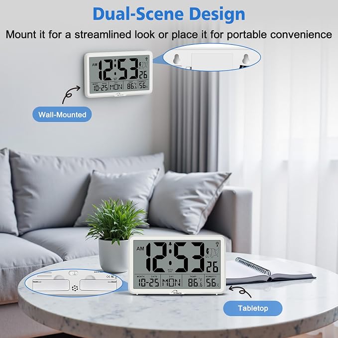 WallarGe Atomic Wall Clock with Backlight, Battery Operated | Large Digital Display, Indoor Temperature, Humidity, Date, AUTO DST, 6 Time Zones