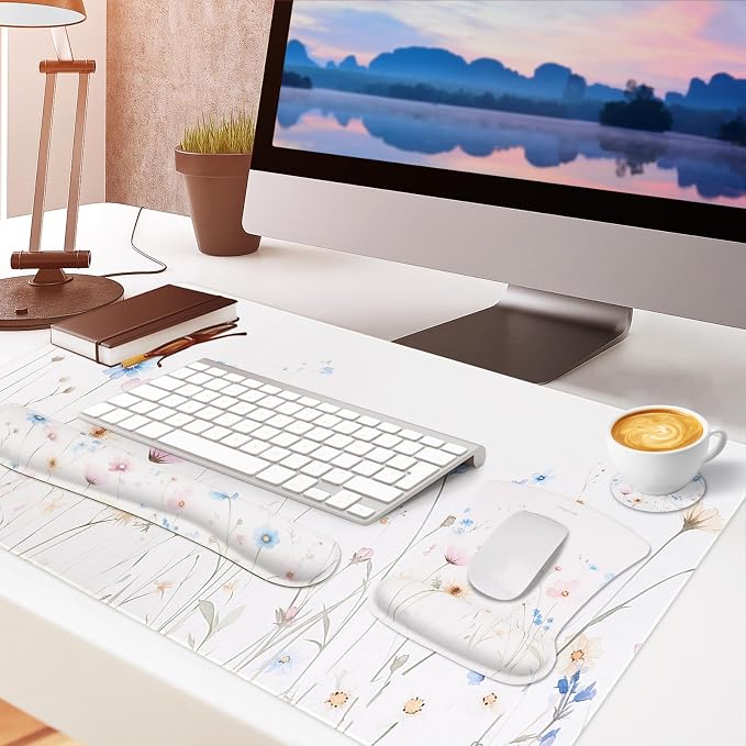 MOSISO Wrist Rest Support for Keyboard Mouse Pad Set, Large Mousepad&Keyboard and Mouse Pad&Coaster, Ergonomic Non-Slip Easy Typing Mousepad with Memory Foam for Home Office, Village Wildflowers