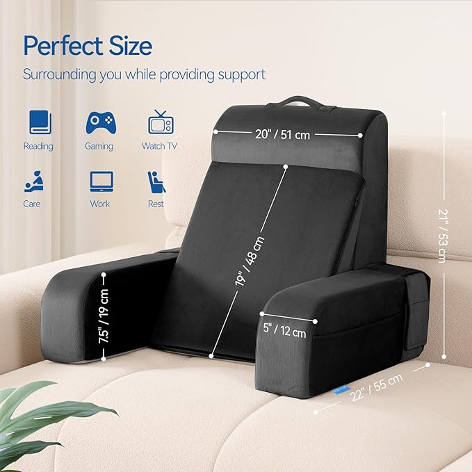 Kayfia Reading Pillow, Gel Memory Foam Back Rest Pillow, 21'', Black | 3 Storage Pockets, Dual-Use Back Leg Support Pillow, Detachable Armrests, Ideal for Reading, Gaming, Working on Bed & Couch
