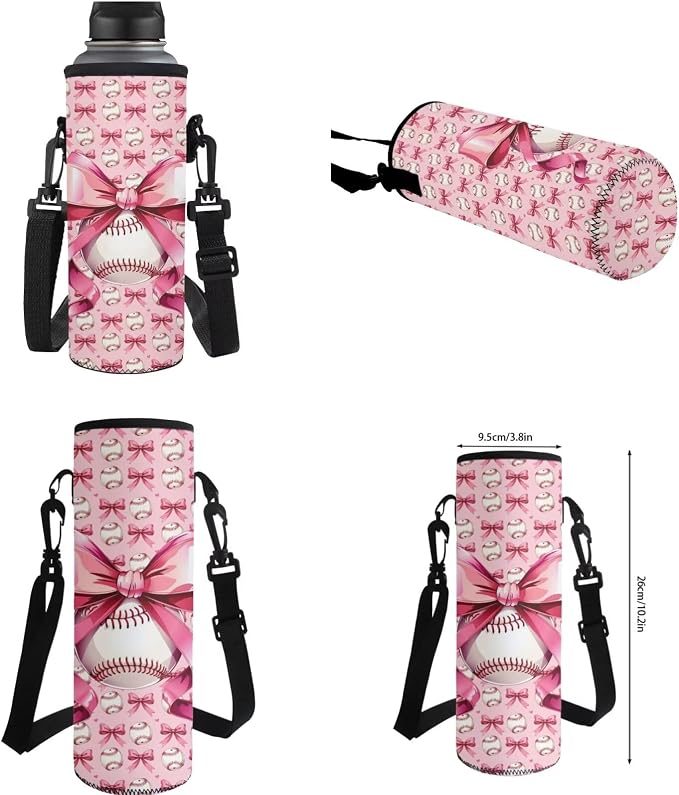 WELLFLYHOM 4 PCS Pink Bow 17 Inch Baseball Backpack for Girls Ages 8-12 | School Set with Insulated Lunch Bag Pencil Case and Water Bottle Sleeve, for Elementary, Junior and Senior School Daily Study