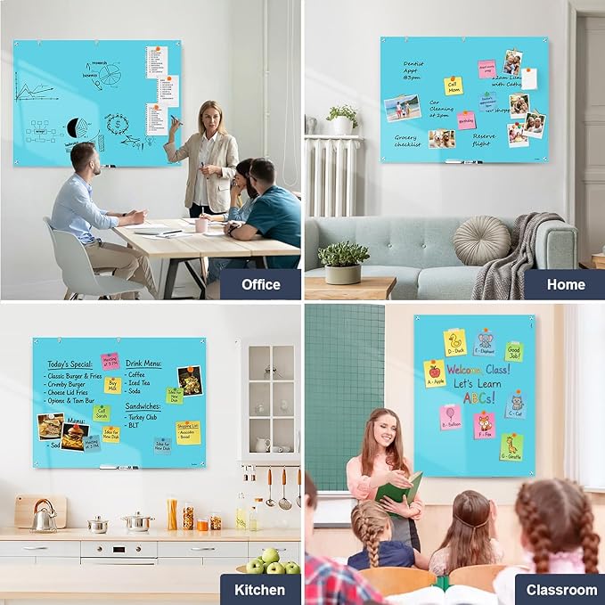 Glass White Board, 48x36 Inches Magnetic Glass Dry Erase Board, Large Whiteboard for Wall Office School Classroom Home, 3x2 Feet Blue Dry Erase Board Wall Mounted