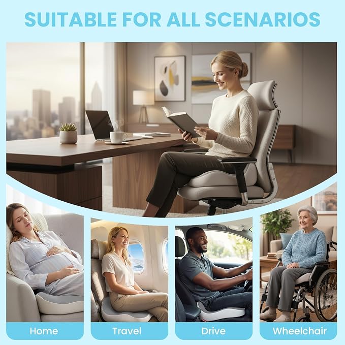 Seat Cushion, Memory Foam for Sit Bone and Back Pain Relief | Dual-Hole Ventilation, Coccyx,Sciatica and Tailbone Hip Relief ,Posture Support ,Office Chair and Car Seat,Home Use
