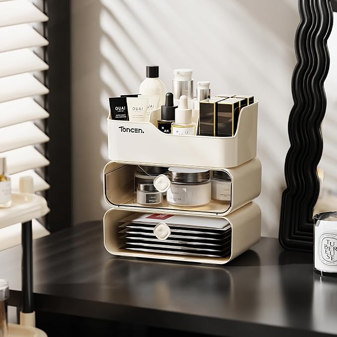 Desk Organizer with Drawers & Divided Compartments, Stackable Desktop Storage Caddy for Makeup and Office Stationery (Cream)