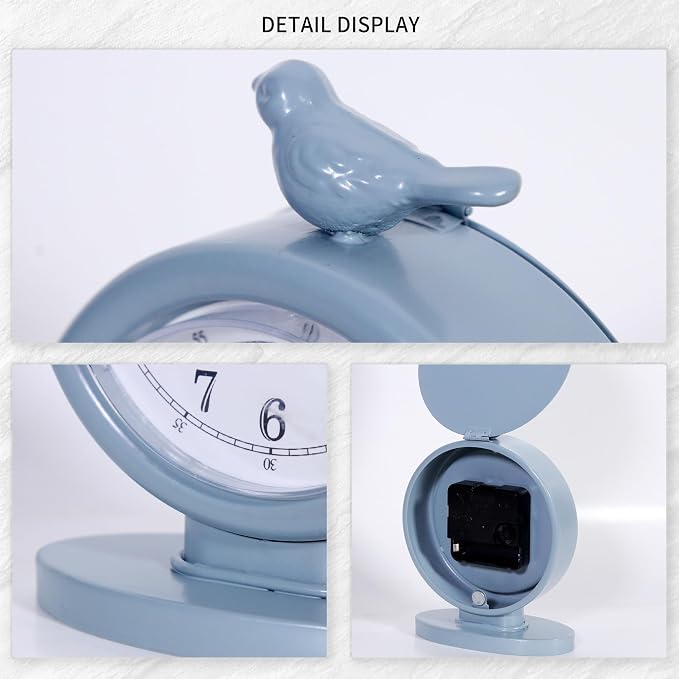 Classic Vintage Analog Mantel Desk Clock, Bright Blue | With Light, Silent Sweep Movement, Decorative Metal, For Living Room Shelf Bedside Home Decor